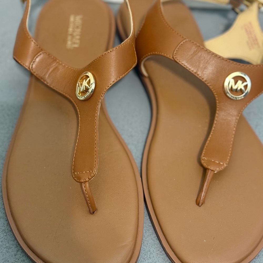 Michael Kors Brown Leather Sandals with Gold MK Medallion